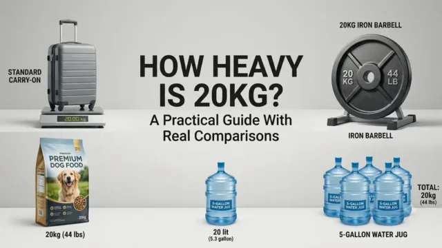 Visual guide showing a 20kg barbell, suitcase on a scale, and dog food against a grey background. Includes central text 'HOW HEAVY IS 20KG? A Practical Guide With Real Comparisons'.