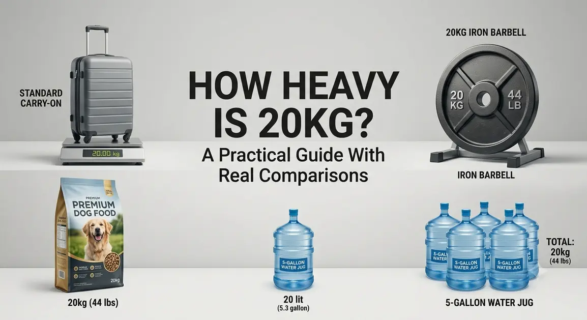 Visual guide showing a 20kg barbell, suitcase on a scale, and dog food against a grey background. Includes central text 'HOW HEAVY IS 20KG? A Practical Guide With Real Comparisons'.