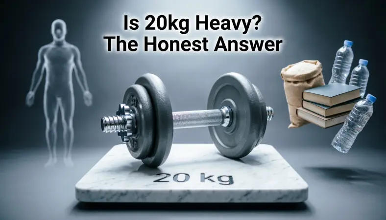 How Heavy Is 20kg? A Practical Guide With Real Comparisons 2 Infographic asking 'Is 20kg Heavy?' featuring a dumbbell, a human figure, and common objects for scale.