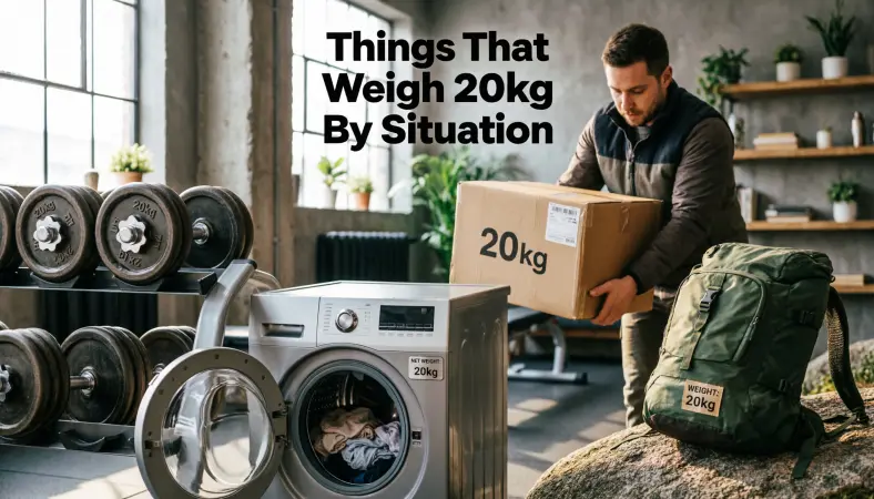 How Heavy Is 20kg? A Practical Guide With Real Comparisons 3 A man lifts a box labeled 20kg near a washing machine, gym weights, and a green backpack, each marked as weighing 20kg.