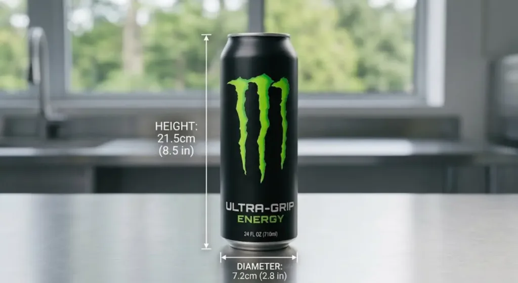 How Big Is a Monster Can? Exact Sizes, Explained 2 A 24 fl oz black energy drink can on a stainless steel counter showing height (21.5 cm / 8.5 in) and diameter (7.2 cm / 2.8 in) dimension callouts.