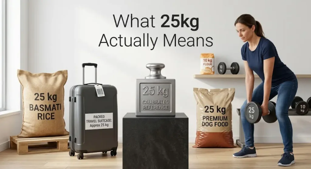 How Heavy Is 25kg? A Simple, Practical Guide 2 A 25 kg weight sits centered among real-world reference items—a rice bag, luggage, dog food, and a person lifting a dumbbell.