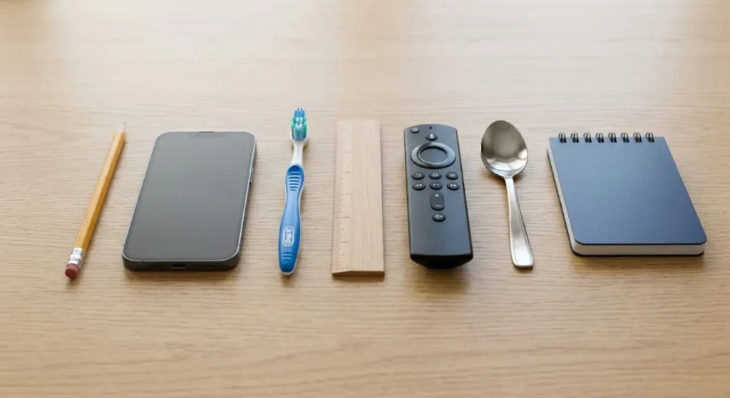 How Big Is 5 Inches? A Simple Visual Guide 3 A flat lay photograph of several everyday items arranged on a wooden table, including a pencil, a smartphone, a toothbrush, a ruler, a remote control, a spoon, and a spiral notebook.
