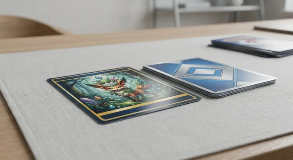 Pokemon Card Size: The Exact Dimensions You Need to Know 2 A generic fantasy creature trading card lying flat on a light textured mat next to a small stack of card-backed cards, with extra cards blurred in the background.