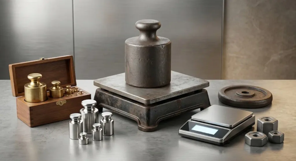 How Heavy Is 30kg? A large metal weight on a vintage industrial scale surrounded by calibration weights and a digital scale.