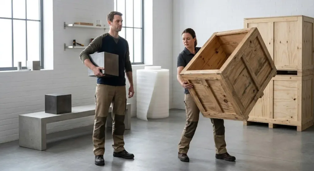 A man easily holds a compact metal cube under one arm while a woman struggles to carry a large, awkward wooden crate in a bright studio.