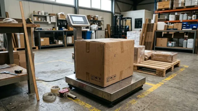 A large cardboard box sits on a digital floor scale inside a shipping warehouse, surrounded by measurement tools like a yardstick and tape measure.