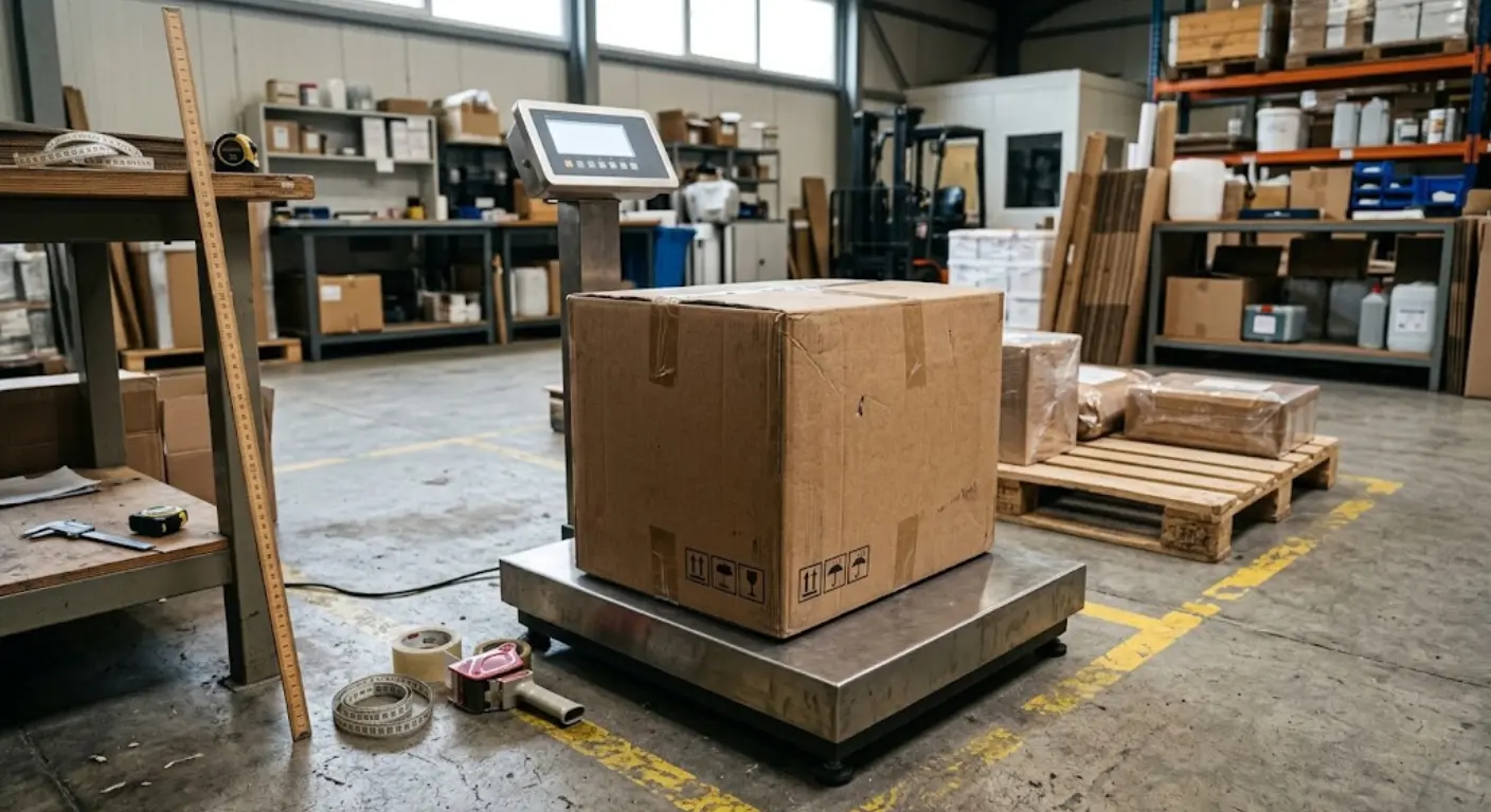 A large cardboard box sits on a digital floor scale inside a shipping warehouse, surrounded by measurement tools like a yardstick and tape measure.