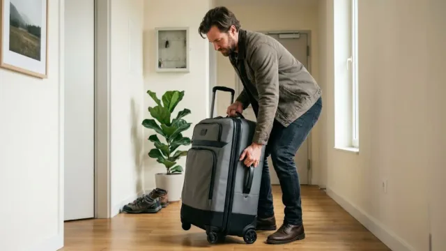 A man in a jacket and jeans bends down to lift a large grey rolling suitcase in a bright home hallway
