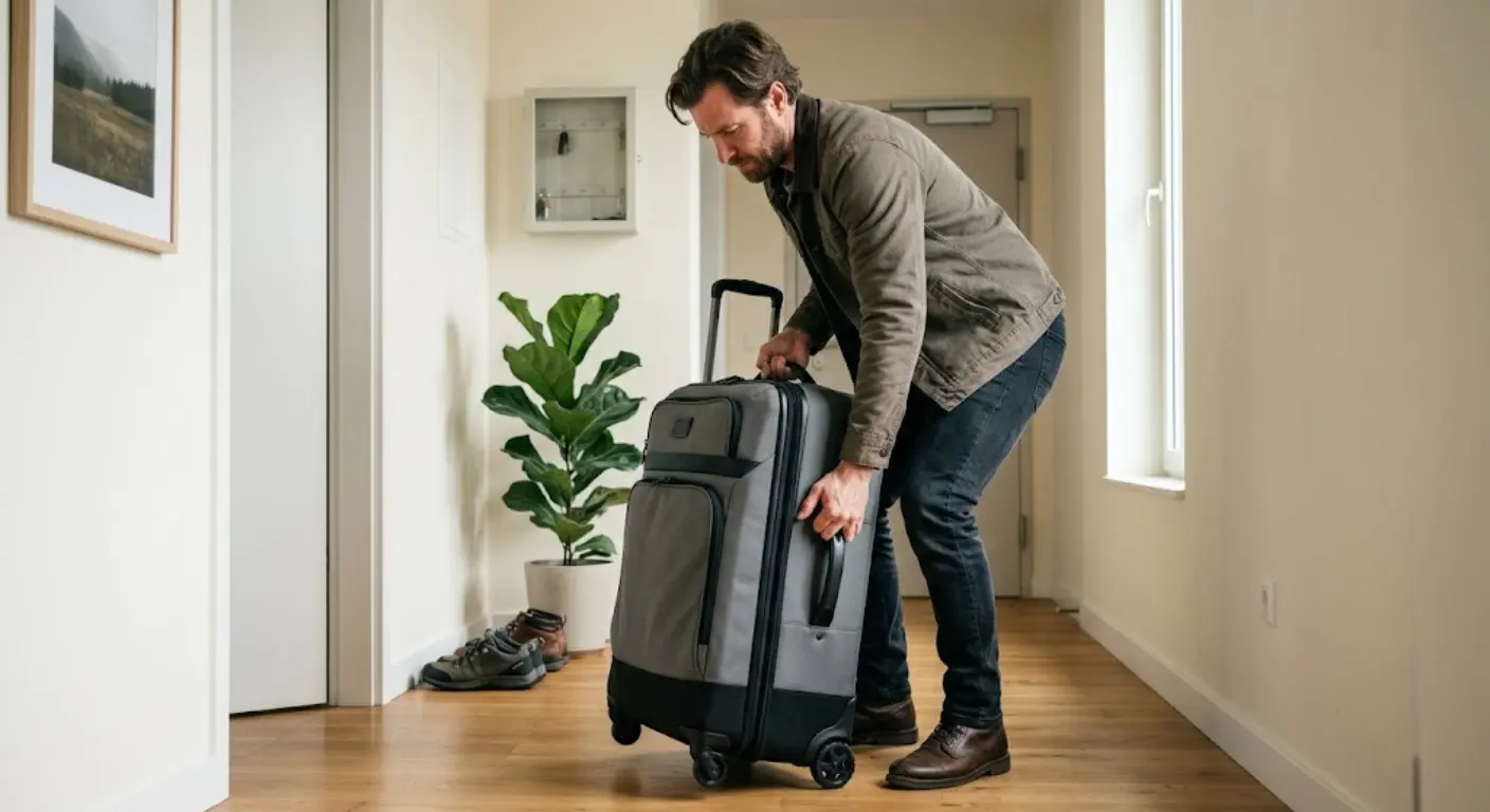 A man in a jacket and jeans bends down to lift a large grey rolling suitcase in a bright home hallway
