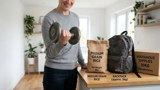 A person holds a 10 kg dumbbell next to a bag of rice, a backpack, and a cardboard box on a counter for weight comparison.