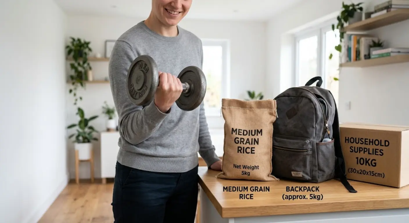 A person holds a 10 kg dumbbell next to a bag of rice, a backpack, and a cardboard box on a counter for weight comparison.