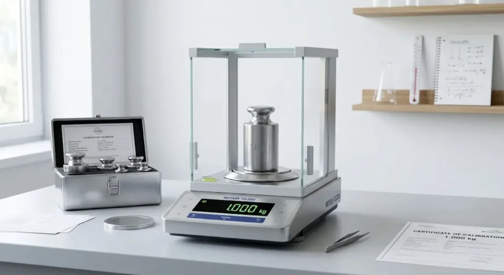 How heavy is 10kg? A 1 kg metal calibration mass on a digital analytical laboratory scale displaying 1.000 kg.