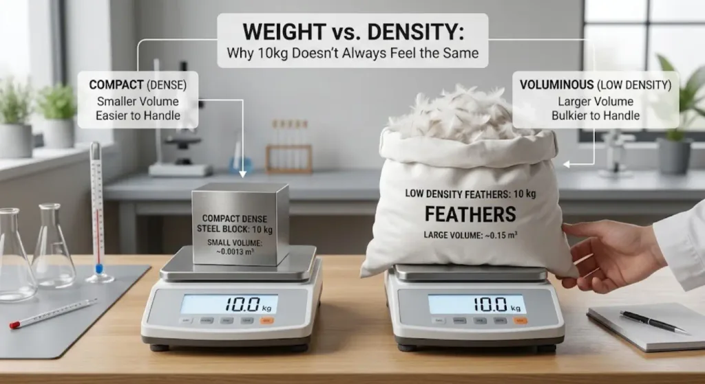 A side-by-side comparison of a small 10 kg steel block and a large 10 kg bag of feathers, each resting on a digital scale reading 10.0 kg to demonstrate mass versus density.