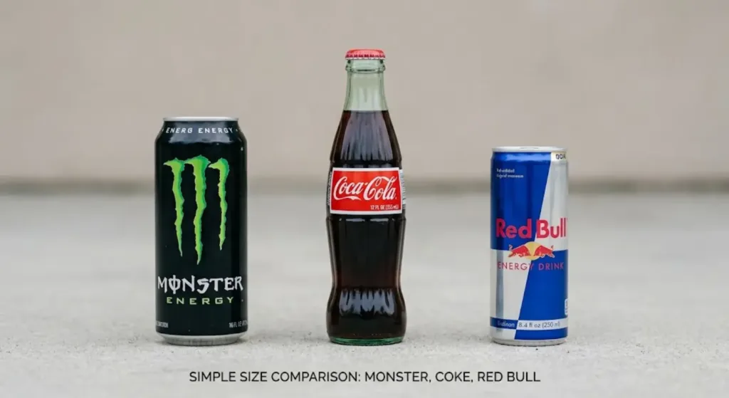 How Big Is a Monster Can? Exact Sizes, Explained 4 How Big Is a Monster Can? Size comparison of a 16 fl oz Monster Energy can, 12 fl oz Coca-Cola glass bottle, and 8.4 fl oz Red Bull can.