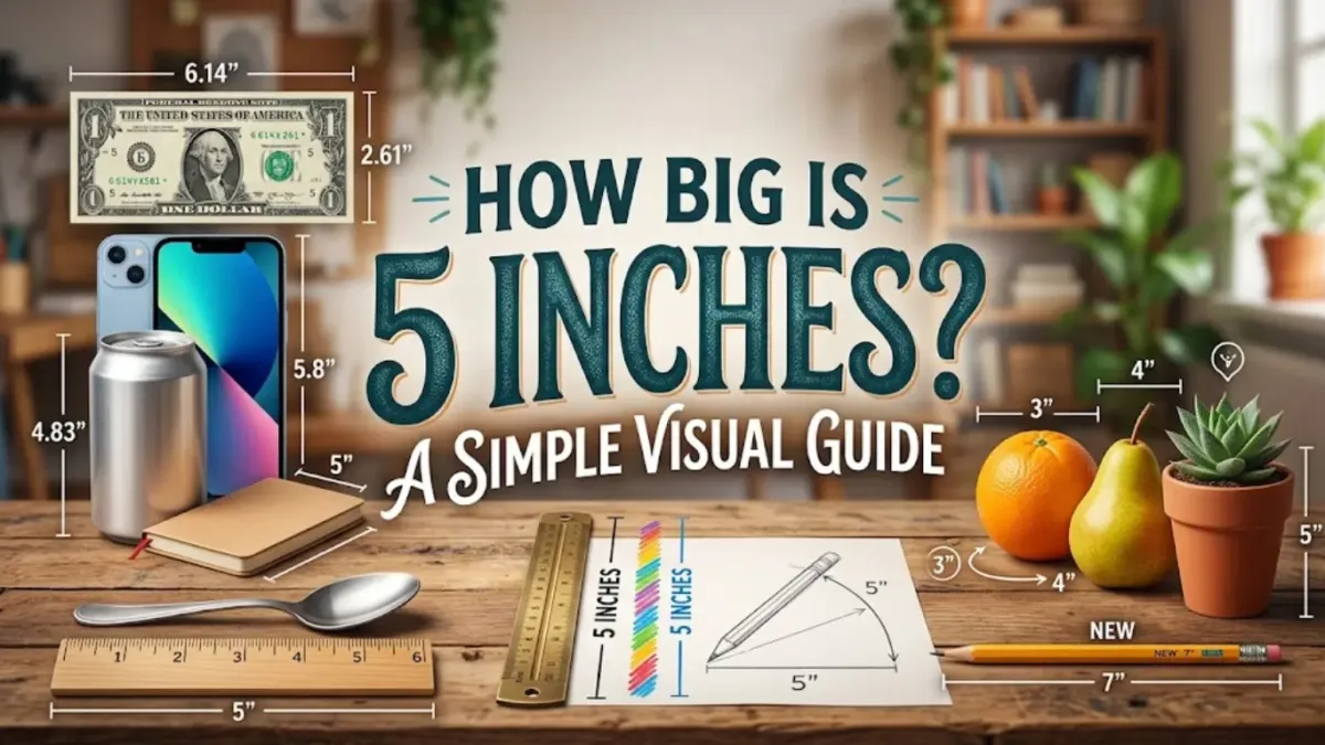 A visual guide titled "HOW BIG IS 5 INCHES? A SIMPLE VISUAL GUIDE" surrounded by everyday items on a wooden desk, including a ruler, smartphone, soda can, dollar bill, and fruit, showing size comparisons.