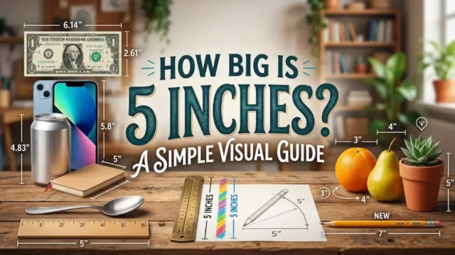 A visual guide titled "HOW BIG IS 5 INCHES? A SIMPLE VISUAL GUIDE" surrounded by everyday items on a wooden desk, including a ruler, smartphone, soda can, dollar bill, and fruit, showing size comparisons.