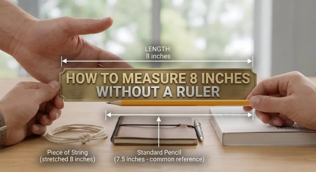 How Long Is 8 Inches? 3 A visually detailed measurement comparison layout showing an adult hand span a stretched string and a standard pencil as reference points for 8 inches