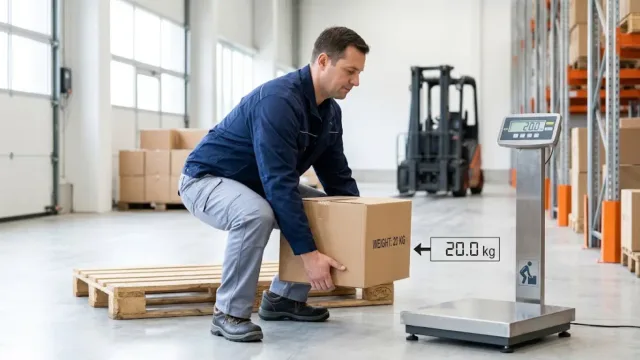 A warehouse worker correctly uses his legs to lift a 20 kg box from a pallet near a scale.