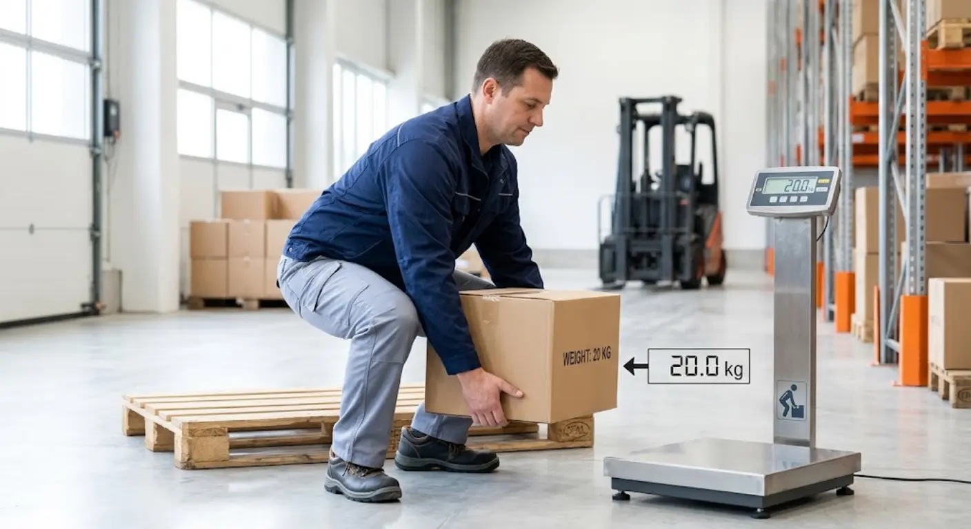 A warehouse worker correctly uses his legs to lift a 20 kg box from a pallet near a scale.
