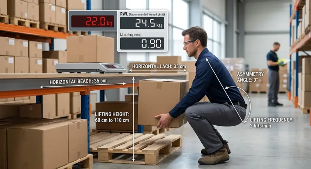 NIOSH Lifting Equation: A Simple Guide to Safe Manual Lifting 3 A warehouse worker squats to lift a box alongside graphics displaying the Recommended Weight Limit (RWL) and Lifting Index (LI).