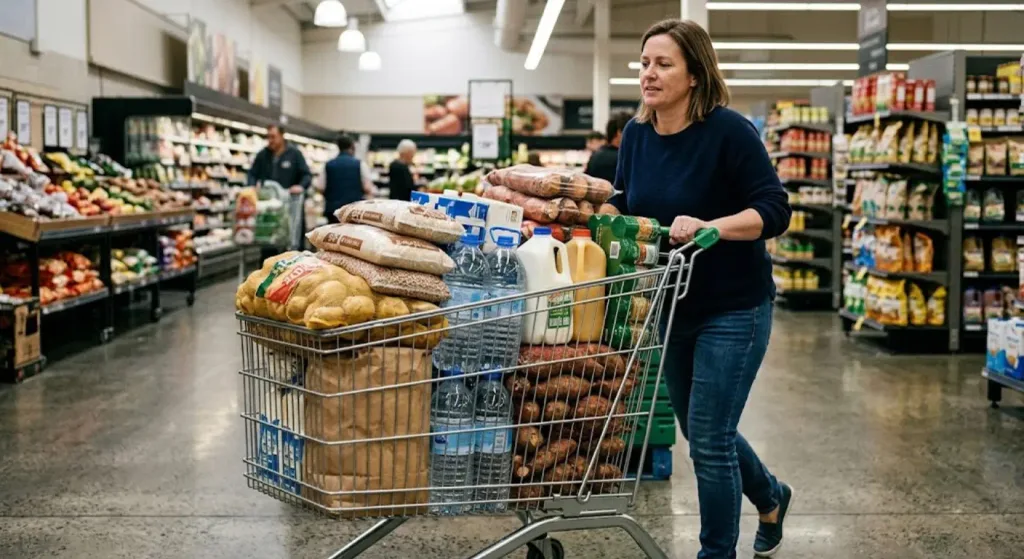How Much Is 40kg? (Instant Answer + Full Conversion Guide) 4 A woman in a navy sweater and jeans pushes a full shopping cart in a grocery store aisle.