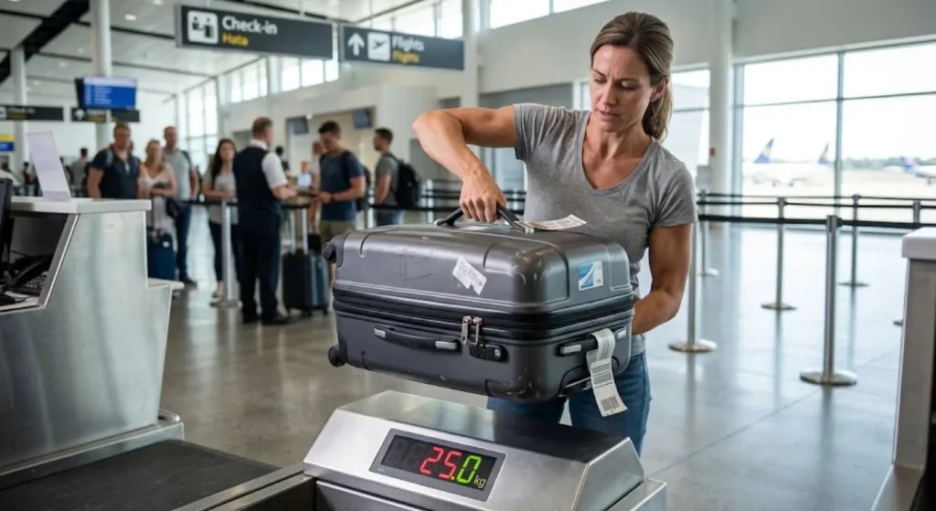 How Heavy Is 25kg? A Simple, Practical Guide 4 A woman lifts a heavy suitcase onto an airport baggage scale displaying 25.0 kg.