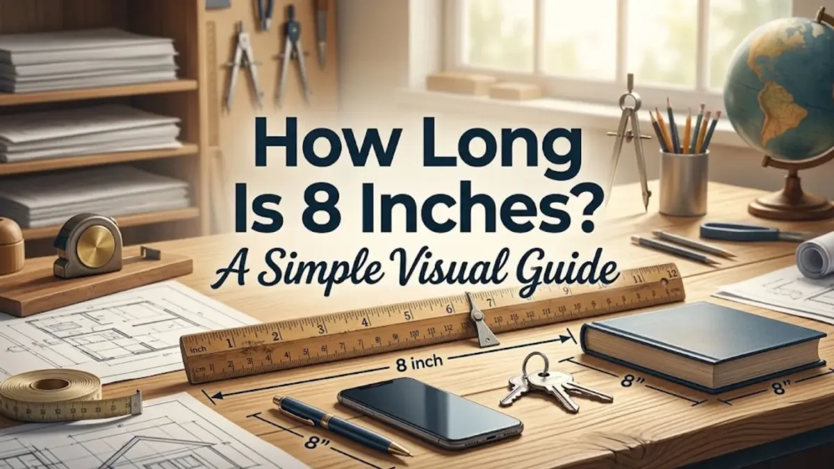 A wooden desk setup with measurement tools, a ruler, blue book, smartphone, and keys, overlaid with bold text that reads "How Long Is 8 Inches? A Simple Visual Guide.