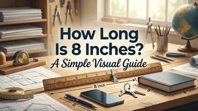 A wooden desk setup with measurement tools, a ruler, blue book, smartphone, and keys, overlaid with bold text that reads "How Long Is 8 Inches? A Simple Visual Guide.