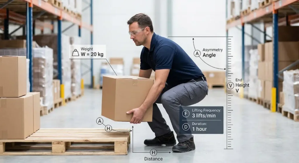 NIOSH Lifting Equation: A Simple Guide to Safe Manual Lifting 2 A worker lifts a box in a warehouse, annotated with NIOSH Lifting Equation variables.