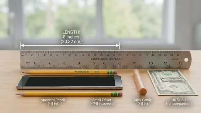 An 8-inch (20.32 cm) measurement layout featuring a metal ruler, pencils, a smartphone, stick candy, and a dollar bill for scale.
