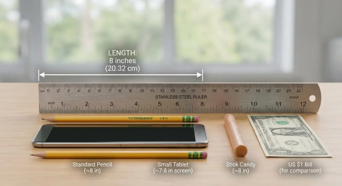 An 8-inch (20.32 cm) measurement layout featuring a metal ruler, pencils, a smartphone, stick candy, and a dollar bill for scale.