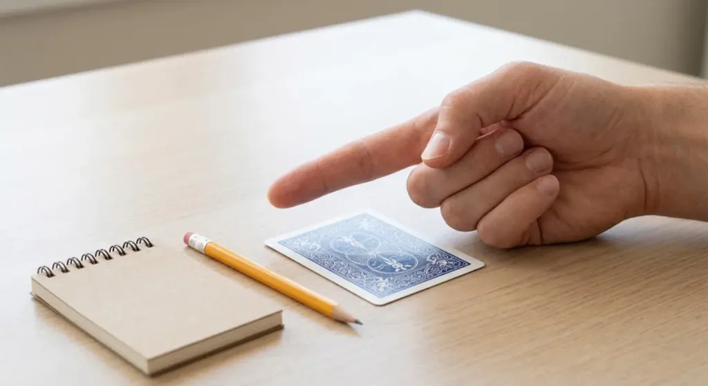 How Big Is 5 Inches? A Simple Visual Guide 4 An adult hand pointing toward a blue playing card resting on a light wooden desk, next to a pencil and a small spiral notepad.