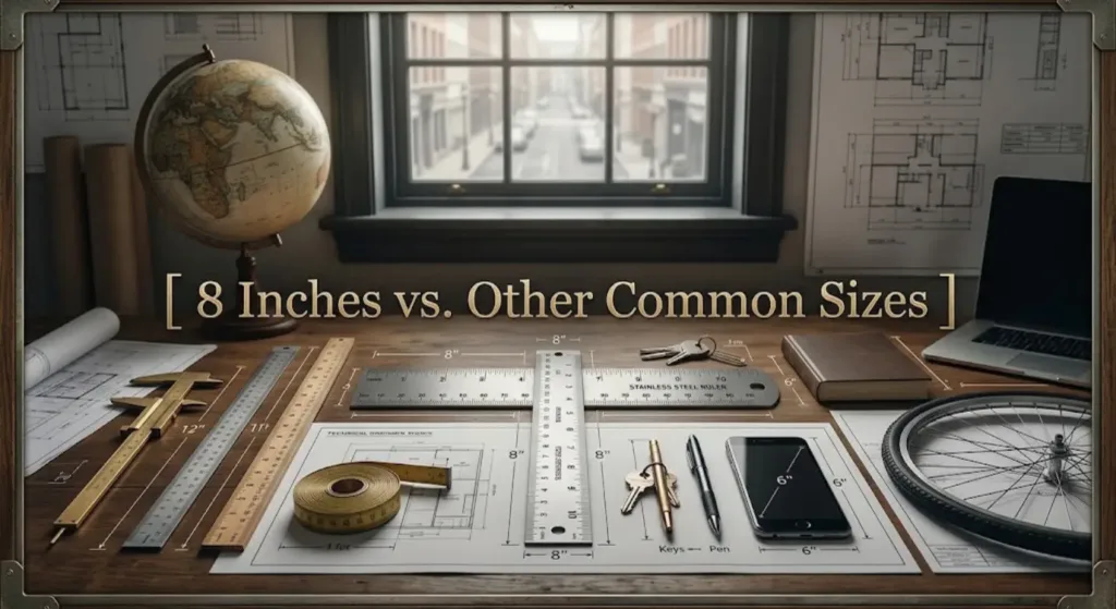 How Long Is 8 Inches? A Simple Visual Guide 3 An artistic illustration of an architect’s desk with various tools like rulers, calipers, and drafting papers, featuring central text and measurement labels comparing "8 Inches" to "Other Common Sizes.