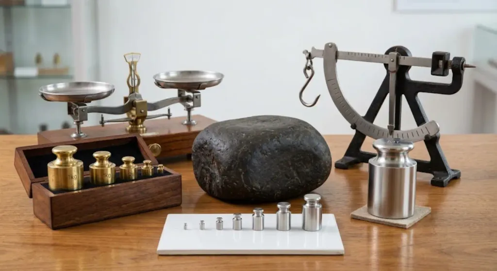 How Much Is 40kg? (Instant Answer + Full Conversion Guide) 3 An assortment of antique and scientific weighing instruments, including a balance scale, a rock, and various sets of metal weights, are arranged on a wooden table.
