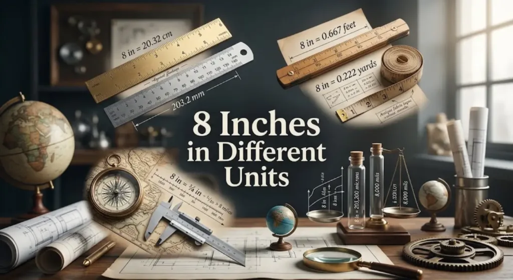 How Long Is 8 Inches? A Simple Visual Guide 2 An assortment of rulers, calipers, and measurement diagrams displaying unit conversions around the central text "8 Inches in Different Units.