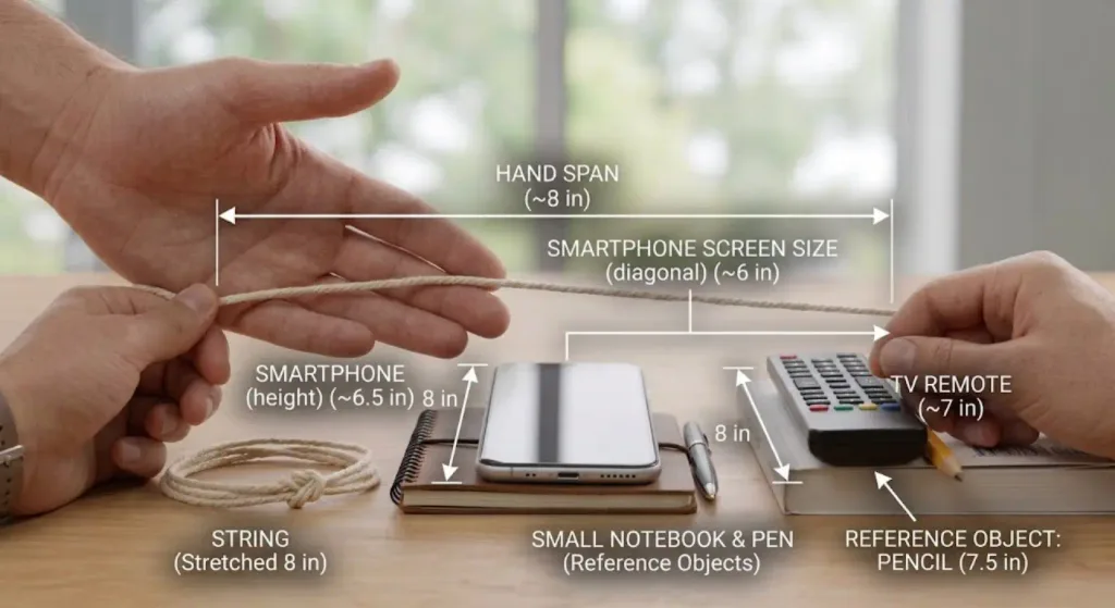 How Long Is 8 Inches? 4 How Long Is 8 Inches? An educational layout demonstrating an 8-inch measurement using hands, a stretched string, a smartphone, a notebook, and a TV remote as real-life reference objects.