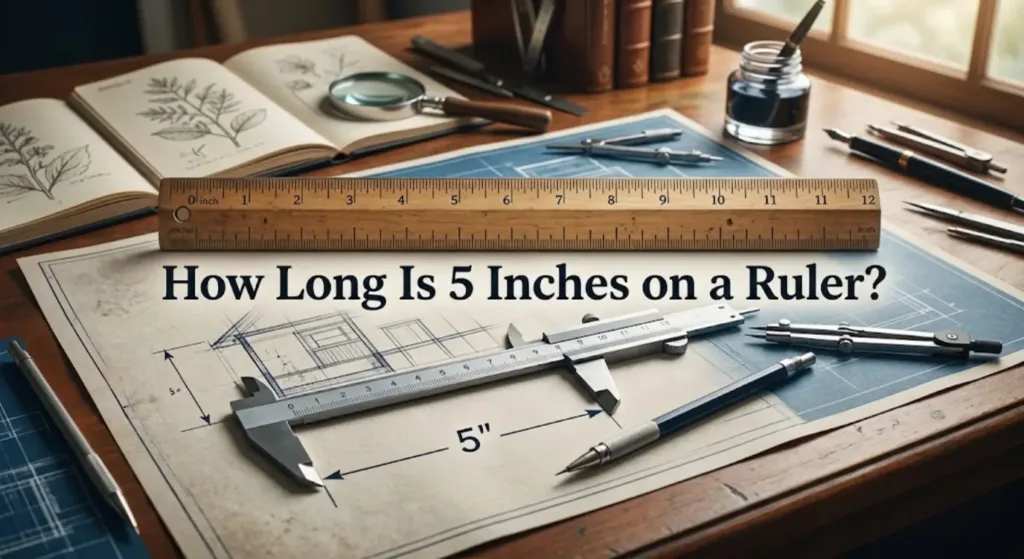 How Long Is 5 Inches? A Visual Comparison Guide 2 An image of a detailed wooden desk with a ruler and technical tools, displaying the question "How Long Is 5 Inches on a Ruler?".