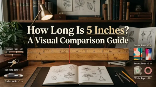 An image of a study desk with a ruler and various objects such as a pen, a set of keys, a smartphone, and washi tape, with text that reads "How Long Is 5 Inches? A Visual Comparison Guide".