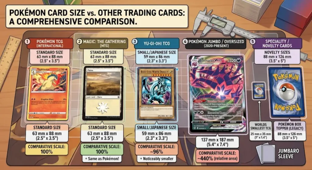 Pokemon Card Size: The Exact Dimensions You Need to Know 3 An infographic comparing Pokémon card dimensions to other trading cards, including Magic: The Gathering, Yu-Gi-Oh!, jumbo cards, and novelty sizes with measurements in millimeters and inches.