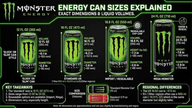 An infographic displaying Monster Energy can sizes with exact dimensions, liquid volumes, key takeaways, and regional differences.
