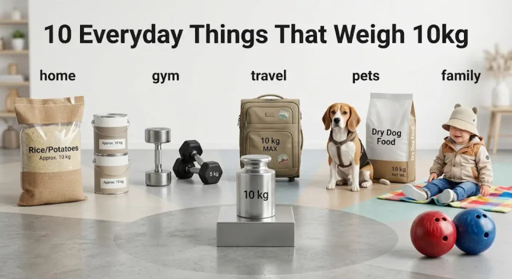 An infographic displaying everyday objects that weigh approximately 10 kg, grouped by category around a central 10 kg metal weight.