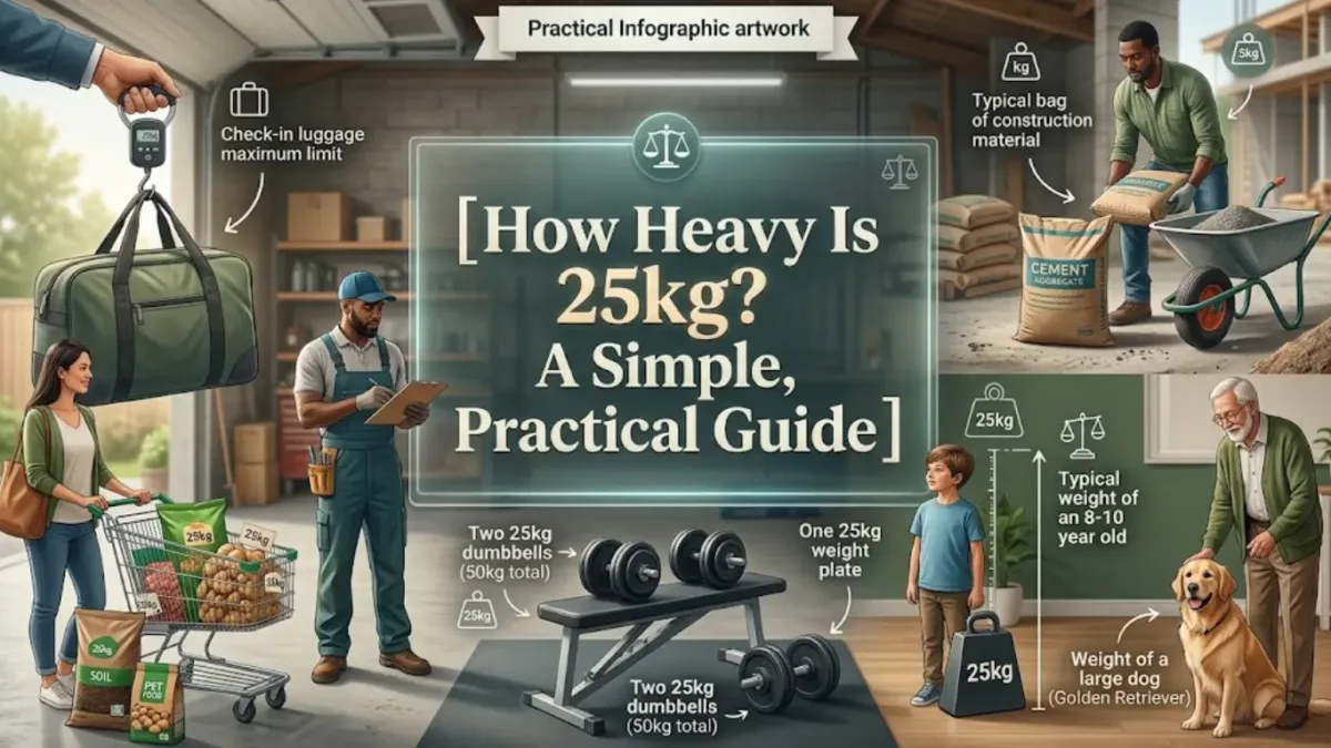An infographic titled "[How Heavy Is 25kg? A Simple, Practical Guide]" depicting everyday visual comparisons for 25 kilograms, including check-in luggage, bags of cement and soil, dumbbells, an 8–10-year-old child, and a large Golden Retriever.