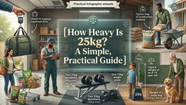 An infographic titled "[How Heavy Is 25kg? A Simple, Practical Guide]" depicting everyday visual comparisons for 25 kilograms, including check-in luggage, bags of cement and soil, dumbbells, an 8–10-year-old child, and a large Golden Retriever.