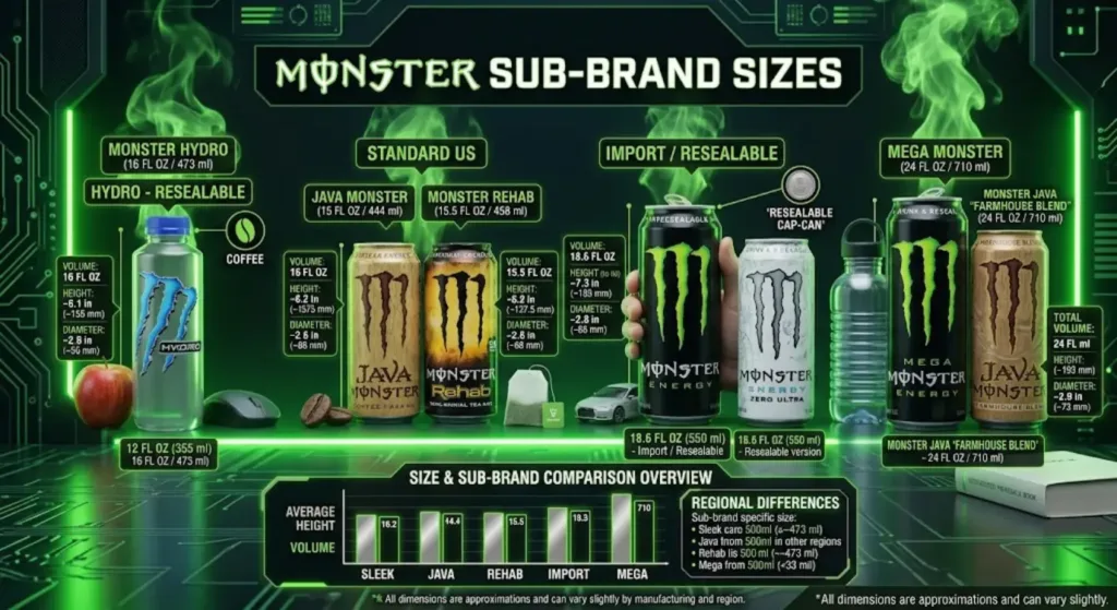 How Big Is a Monster Can? Exact Sizes, Explained 3 An infographic titled "Monster Sub-Brand Sizes" comparing various Monster Energy sub-brand cans and bottles—including Java Monster, Monster Rehab, Monster Hydro, Import, and Mega Monster—with exact measurements and volume comparison charts.