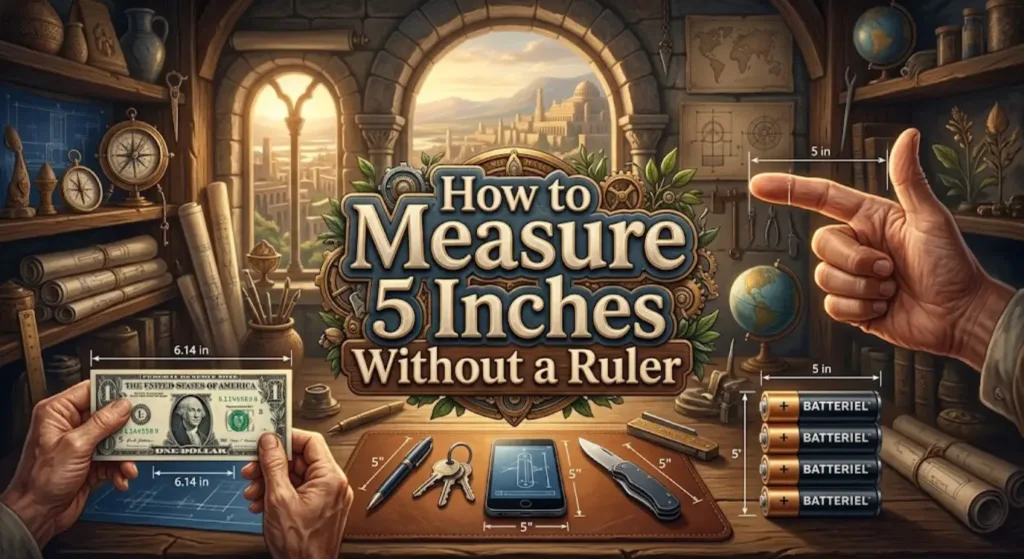 How Long Is 5 Inches? A Visual Comparison Guide 3 An ornate workshop scene featuring everyday objects like a dollar bill, batteries, keys, a phone, and a hand with measurement references around bold text reading "How to Measure 5 Inches Without a Ruler."