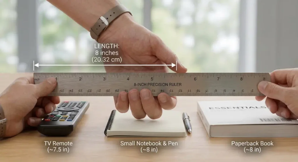 How Long Is 8 Inches? 2 Hands holding an 8 inch stainless steel ruler above a wooden table arranged with a TV remote small notebook pen and paperback book for length comparison