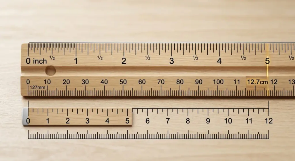 How Big Is 5 Inches? A Simple Visual Guide 2 Horizontal 5-inch wooden ruler with metric and imperial measurement markings laid on a light wood background.