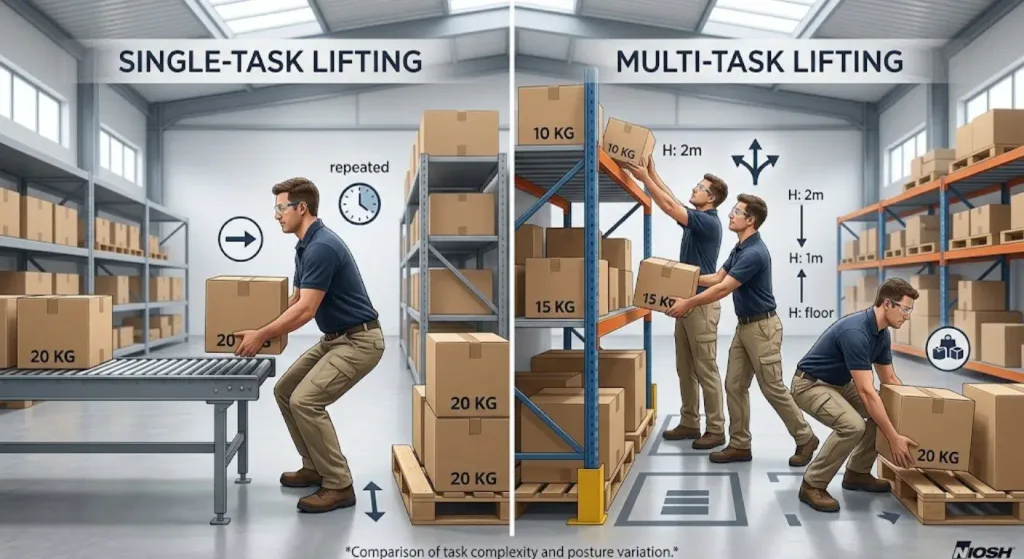 NIOSH Lifting Equation: A Simple Guide to Safe Manual Lifting 4 NIOSH Lifting Equation comparison showing single-task lifting, with a worker repeatedly moving the same box, versus multi-task lifting across different heights and positions.