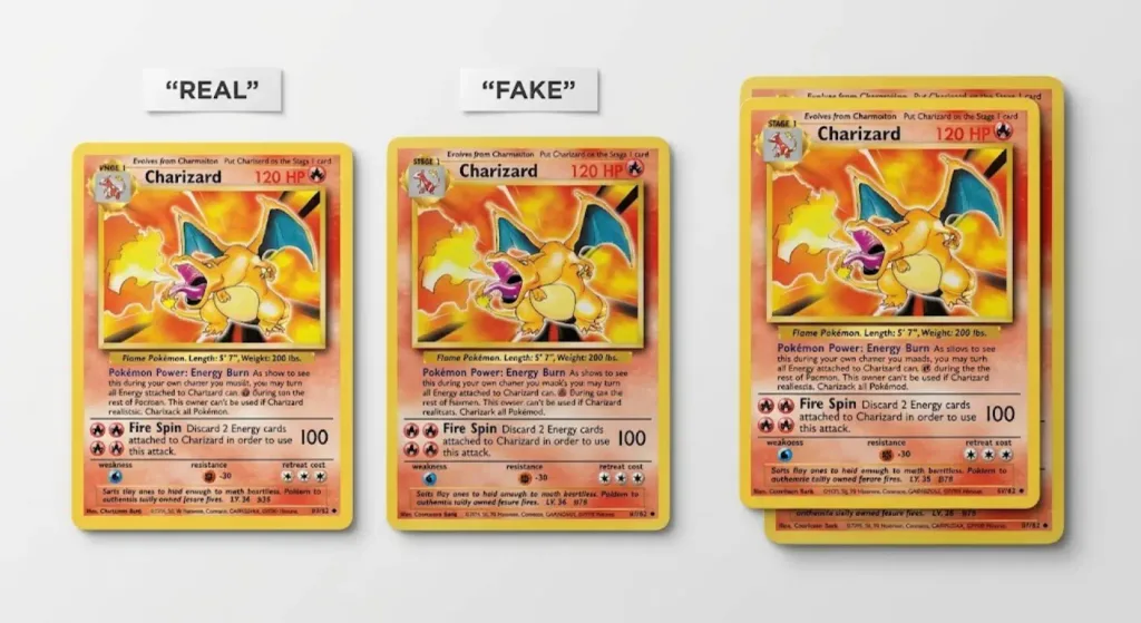 Pokemon Card Size: The Exact Dimensions You Need to Know 4 Pokemon Card Size comparison of real and fake Charizard cards, showing the fake card is larger